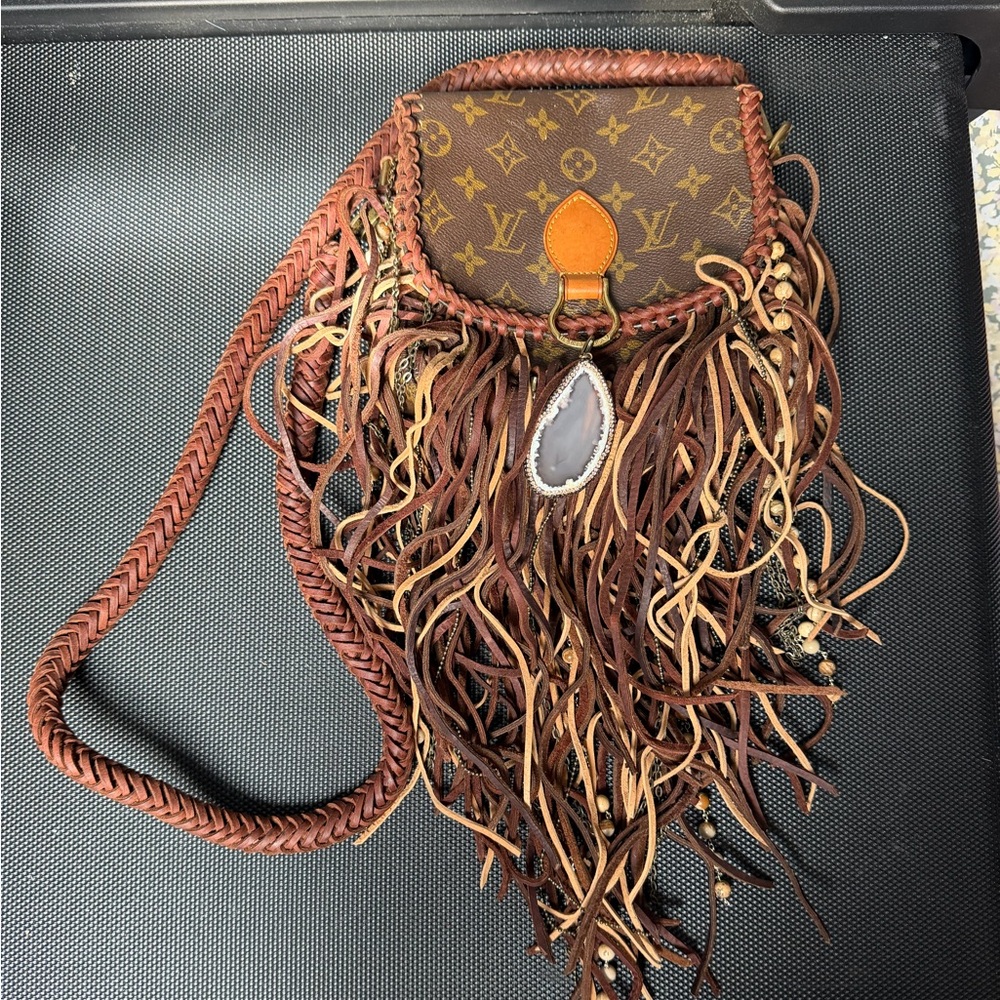 Vintage Boho Bags World Traveler Upcycled Louis Vuitton Fringe Crossbody Bag